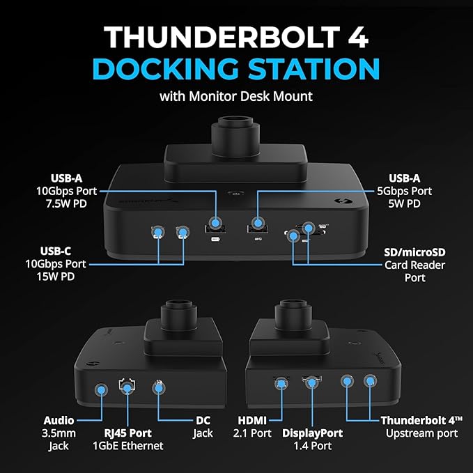 SABRENT Thunderbolt 4 Docking Station with Monitor Desk Mount, Gas-Lift Arm, 4 USB Ports, UHS-II Card Reader, Gigabit Ethernet, HDMI, DisplayPort, 8K/4K, VESA Mount for Monitors up to 32” (DS-T4WA)
