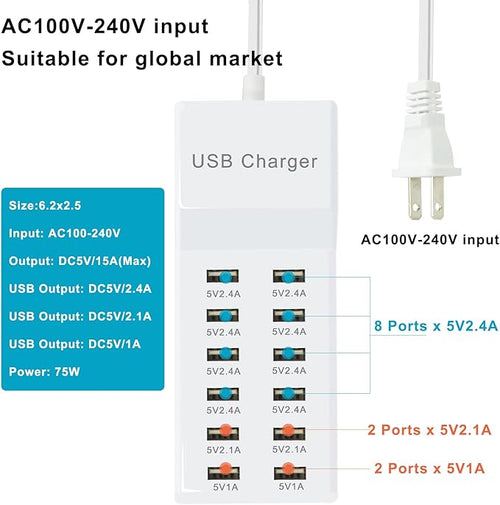 100W USB Charger Station Block Multiport Charger Hub with Fast Charging Wall Charger for Multiple Devices USB Charging Port Compatible with Cell iPhone Android Smartphone Smart Watch