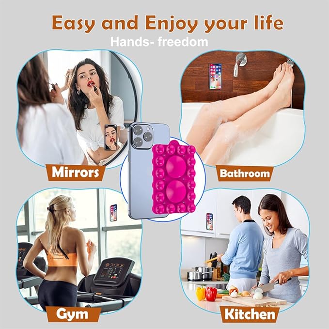 Double Sided Silicone Suction Phone Holder Mount,Compatible with iPhone and Android Cases Hands-Free Mirror Shower Phone Mount Strong Grip Holder (Rose Pink, Double Sided 2PCS)