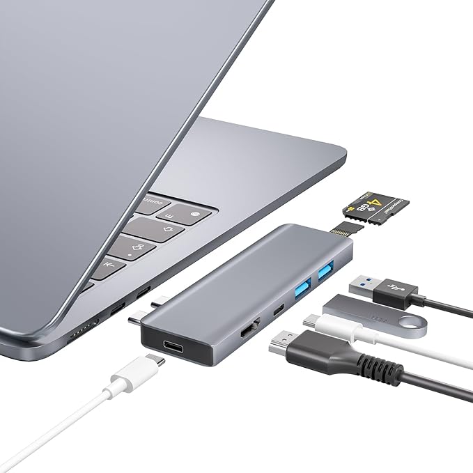 USB C Hub, USB C Adapter, 7 in 2 USB-C Hub for MacBook with Thunderbolt 4, 4K HDMI, Type C, 2 USB A, SD/TF Card Reader, Compatible with MacBook Pro 2016-2024, MacBook Air 2018-2025 (Space Gray)
