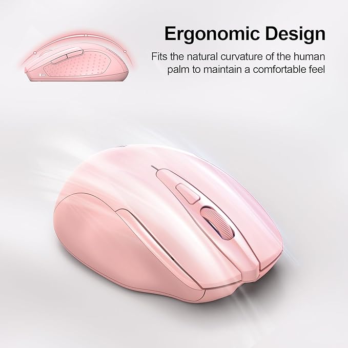 TECKNET Rechargeable Wireless Mouse, 2.4G Silent Mouse, Quiet Click, 6 Adjustable 4800 DPI, Cordless Computer Mouse, Ergonomic Mouse for Laptop, 6 Buttons USB-A Mouse for Chromebook, Ergo Grip - Pink