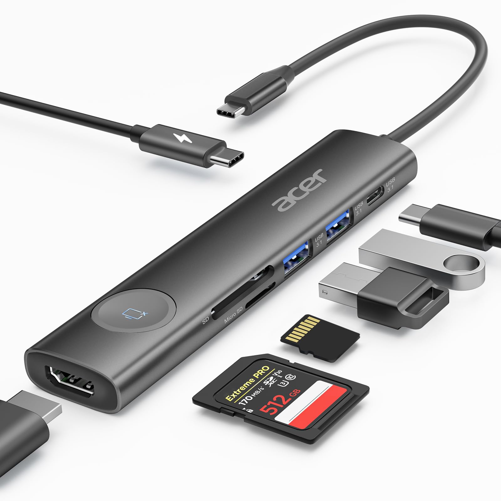 Acer USB C HUB Multiport Adapter, 7 in 1 USB-C to HDMI Adapter with 4K@60Hz, 100W PD, 5Gbps 2*USB-A 3.1, 1*Type-C 3.1, SD Card Reader Type C Dongle for iPhone 16/15, MacBook Pro/air, iPad, Acer(Black)