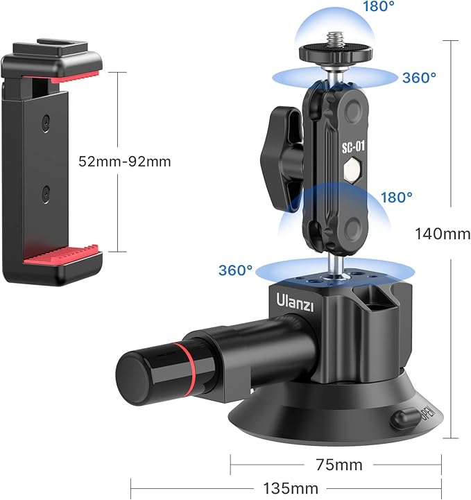Suction Cup Mount for Action Cameras iPhone - ULANZI SC-01 3in Pump-actived Vacuum Suction Mount Magic Arm Phone Holder Action Cam Adapter Car Boats Windshield Window Mount for Action Cameras