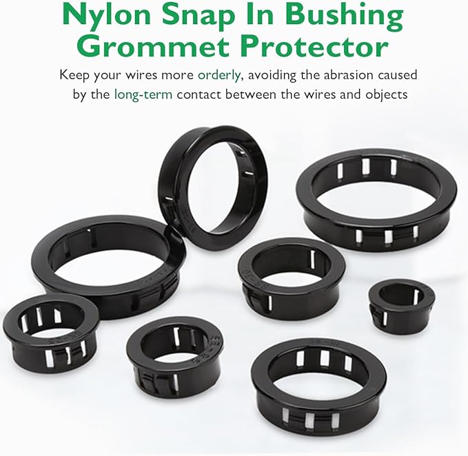 160 Pcs 6 Sizes Cable Snap-in Knockout Insulating Bushing Grommets Assortment Kit, 5/16, 3/8, 1/2, 5/8, 3/4, 1 Black Nylon Plastic Hole Grommets for Wiring, Wire Cord Hose Tubing Protector