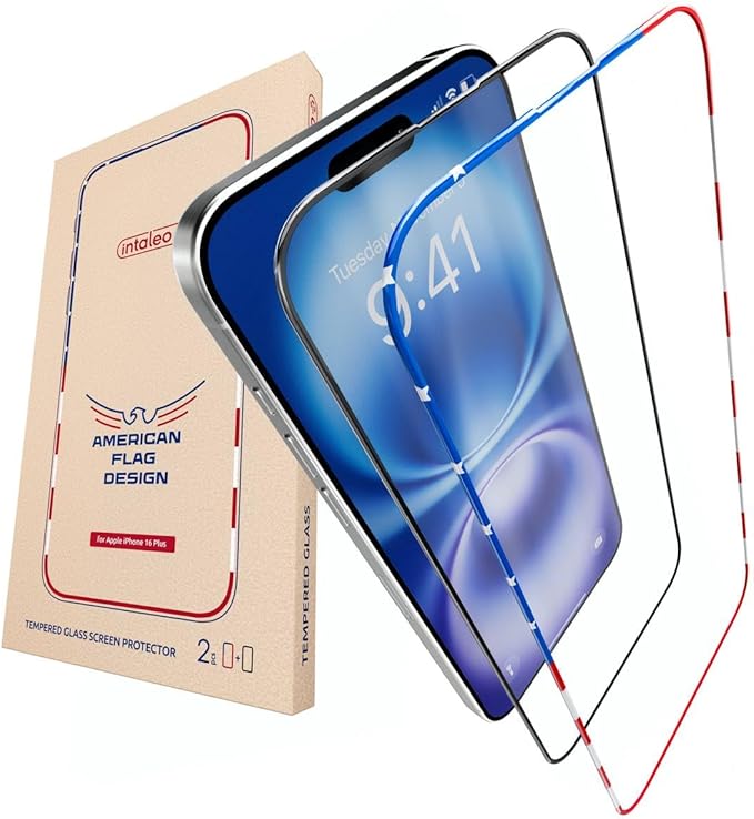 Screen Protector for iPhone 15 Plus / 16 Plus - Tempered Glass Screen Protector (2 Pack) - USA Flag & Black Frame - 9H Hardness Full Coverage - Oleophobic Coating with Easy Installation