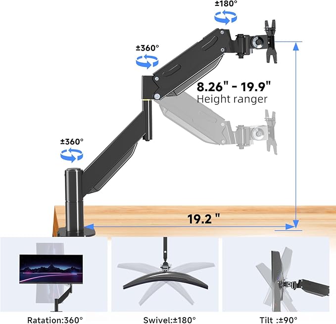 Pholiten Premium Aluminum Heavy Duty Monitor Arm，Ultrawide Monitor Arm,Full Motion Single Computer Mount for Computer Screens up to 49 inchs and 46.2lbs,Adjustable Clamp and Grommet Vesa Mount.