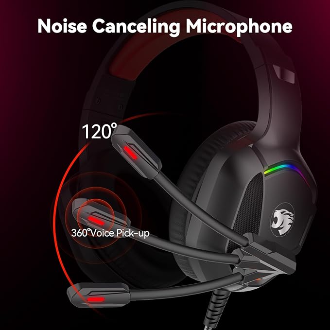 Gaming Headset with Microphone for Pc, Xbox One Series X/s, Ps4, Ps5, Switch, Stereo Wired Noise Cancelling Over-Ear Headphones with Mic, RGB, for Computer, Laptop, Mac, Nintendo, Gamer (Red)