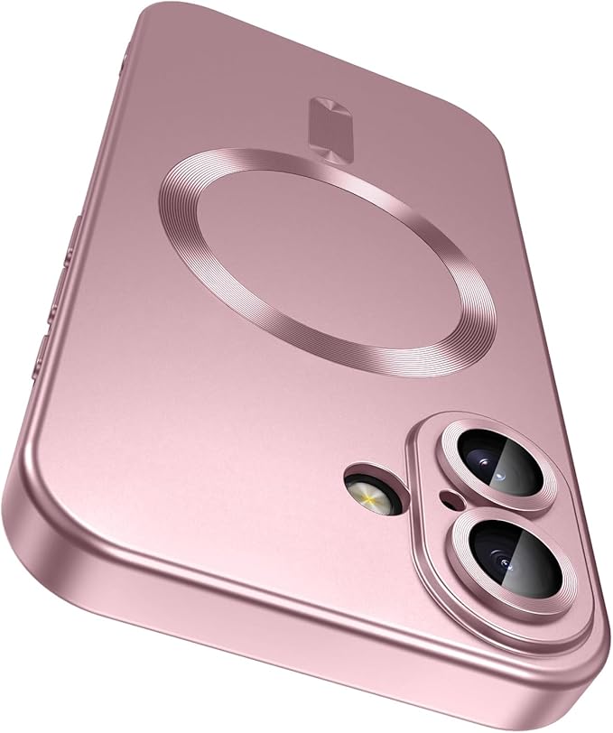 Magnetic for iPhone 16 Case [Compatible with MagSafe][Built-in Camera Lens Protector] Slim Soft Silicone Bumper Shockproof Metallic Luster Phone Case (Rose Gold)