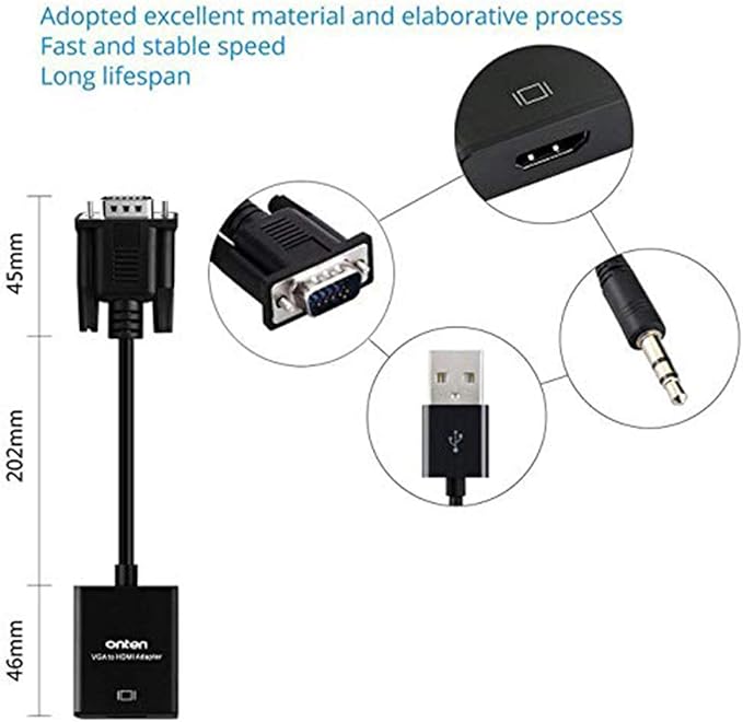 VGA to HDMI, 1080P Adapter (Male to Female) for Computer, Desktop, Laptop, PC, Monitor, Projector, HDTV with Audio Cable and USB Cable (1 Pcs)