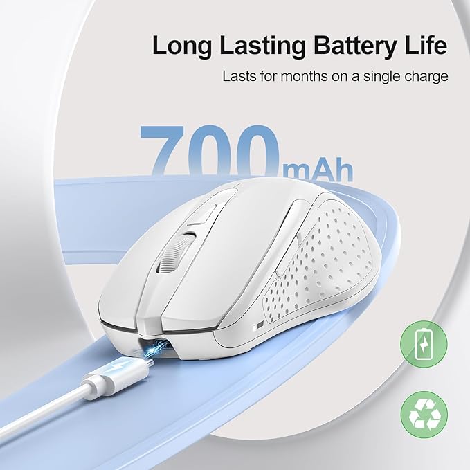 TECKNET Rechargeable Wireless Mouse, 2.4G Silent Mouse, Quiet Click, 6 Adjustable 4800 DPI, Cordless Computer Mouse, Ergonomic Mouse for Laptop, 6 Buttons USB Mouse for Chromebook, Ergo Grip - White