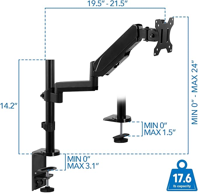 Mount-It! Single Monitor Arm Mount | Desk Stand | Full Motion Height Adjustable Articulating Gas Spring Arm | Fits 19 21 24 27 29 30 32 Inch VESA Compatible Computer Screen | C-Clamp and Grommet Base