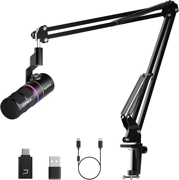 EJoy D10 PRO(A) USB Wireless Gaming Microphone – Boom Arm Mic with Wired/Wireless Modes, XLR/USB-C, Real-Time Monitoring, 45H Battery, RGB Dynamic Mic for Gaming, Streaming, Podcast, Recording (Black)