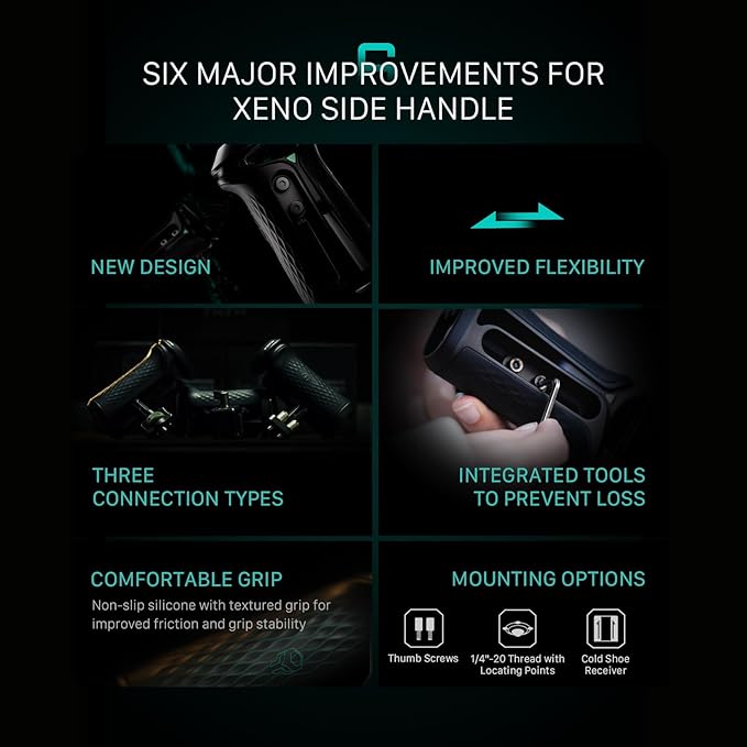 Tilta Xeno Side Handle for Filmmakers & Cameras - Titanium Gray | Secure Connection & Helps Prevent Rotation | Adjustable Height | Textured Silicone Grip | Convenient Assembly (Dual 1/4″-20)