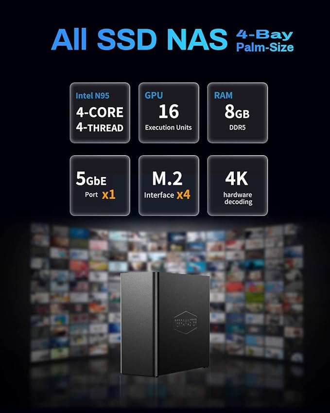 TERRAMASTER F4 SSD NAS Storage - 4Bay All SSD NAS Server N95 QuadCore CPU, 8GB DDR5 RAM, 5GbE Port, Palm-Sized High-Performance Network Attached Storage (Diskless)