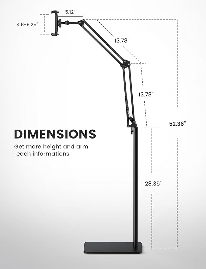Floor Tablet Stand Phone Holder - Lamicall [55" Height Adjustable][ Flexible Arm] Multi Angle Tablet Holder, 5lb Weighted Base Bed Mount For 4.7-13" Devices, iPad Pro Air Mini, Kindle, Tabs, E-Readers