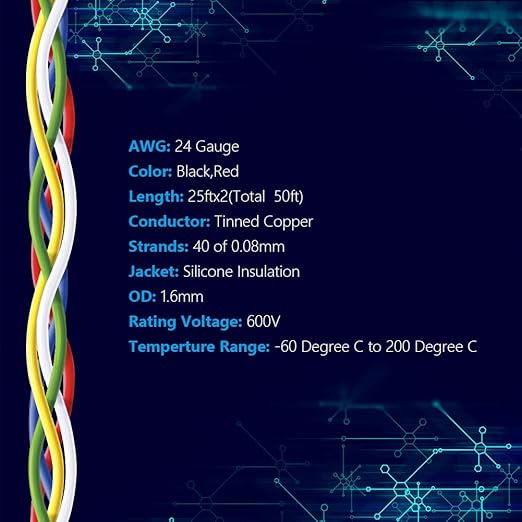 Fermerry 24 AWG Stranded Wire Spool 25ft Each 6 Colors Flexible 24 Gauge Silicone Hook up Wire Kit Electrical Tinned Copper Wire