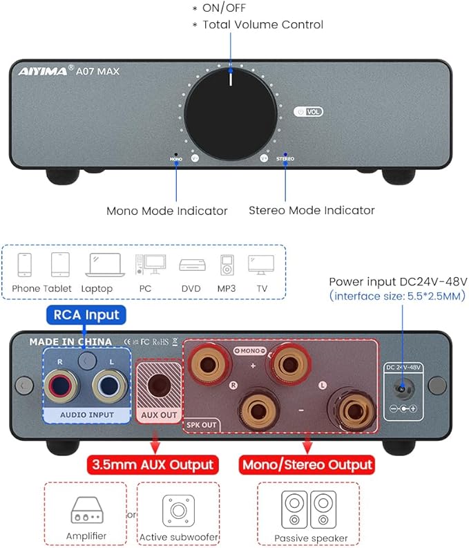 AIYIMA A07 MAX 2 Channel Stereo Amplifier Home Audio 300W*2 TPA3255 Class D Power Amp/Bridgeable Mono Amplifier 600 Watt with 3.5mm Line Output for Passive Bookshelf Speakers+DC36V 6A Power Adapter