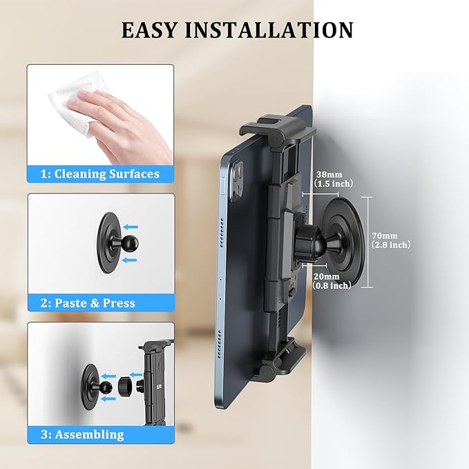 OHLPRO Tablet Wall Mount Holder for iPad, 360° Adjustable Swivel No-Drill 3M Adhesive Stand for Kitchen Compatible with 5-13 Inch Smartphones iPads Samsung Tab Fire HD Kindle & More Devices