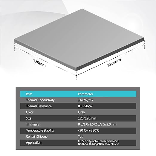 Maxtor Thermal Pad 14.8 W/mK, 120x120x1.5mm(1 pcs) Silicone Thermal Pads Non Conductive Heatsink Cooling Pad, Highly Efficient Heat Resistant Soft Pad for Laptop Heatsink/SSD/CPU/IC/LED Cooler