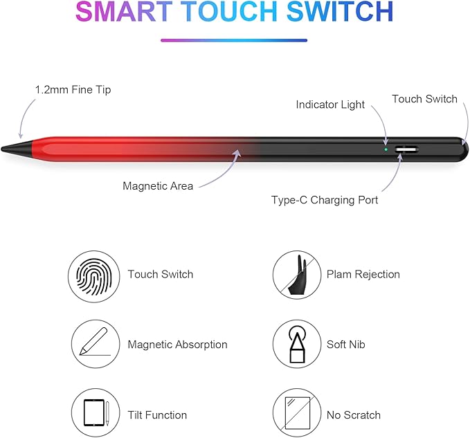 Stylus Pen for iPad 2018-2023 with Palm Rejection, Active Pencil for iPad 10th/9th/8th/7th/6th Gen, for iPad Pro 11/12.9 inch, for iPad Air 5th/4th/3th Gen, for iPad Mini 6th/5th Gen (Black and Red)