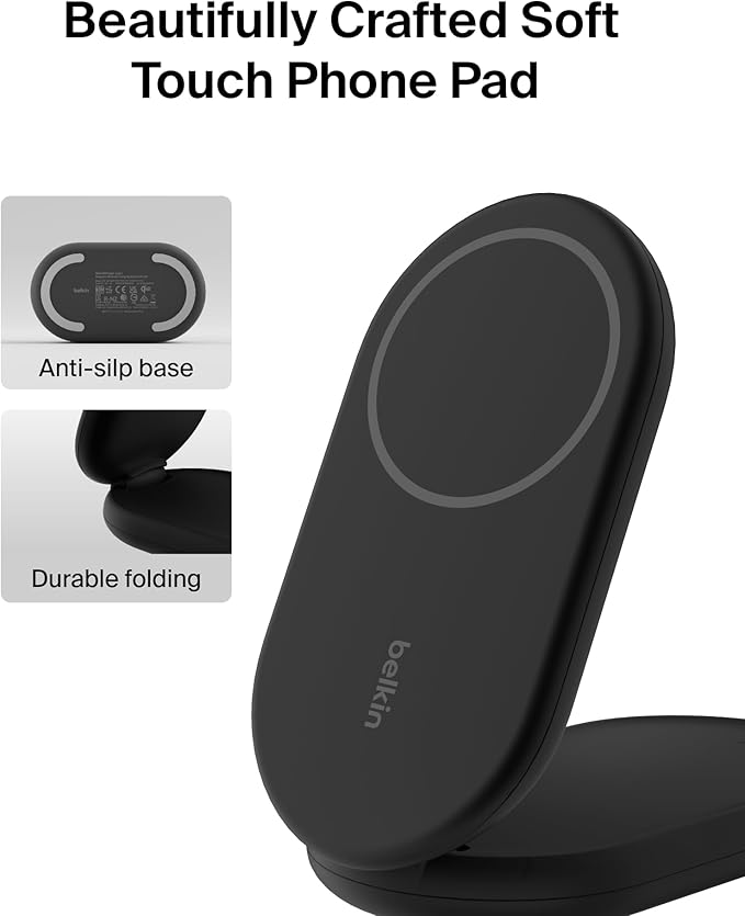 Belkin MagSafe-Compatible Charger, 2-in-1 Magnetic Foldable Charger 15W - Qi2-Certified Wireless Charging for Apple iPhone 16, Apple Watch, Samsung Galaxy S25 w/Non-Slip Base, PSU Included - Black