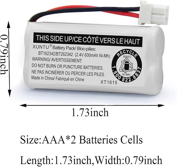XUNTU BT162342/BT262342 2.4V 600mAh Ni-MH Cordless Phone Battery Pack BT166342/BT266342 BT183342/BT283342 Compatible with EL52351 TL90070 CS5119 DS6511 DS6722 LS6305 Handset (4 Pack)