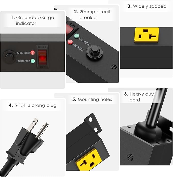JUNNUJ Long Metal 16 Outlet Power Strip, Heavy Duty Power Strips Surge Protection 4800J with Circuit Breaker, 20a Wide Spaced Socket Wall Mount 5-15P Adapter High Amp 6-20R T-Slot 10FT Extension Cord