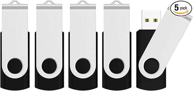 JUANWE 128GB USB Flash Drive 5 Packs, Thumb Drives Foldable 360° Swivel Shell & Lanyard Hold for Memory Storage Expand, USB Sticks Pen Drive Zip Drive for PC/Tablet/Car Data Transfer - Black