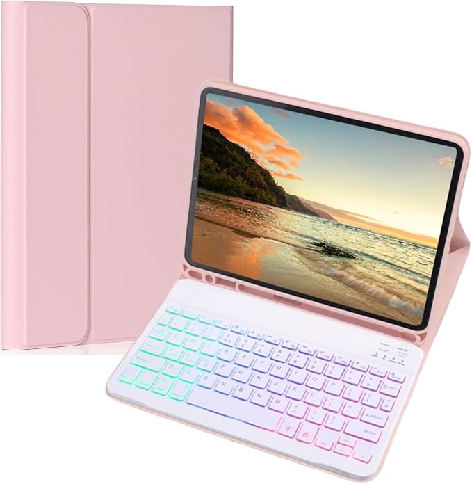 Keyboard Case for Galaxy Tab S10 Plus/S9 Plus/S9 FE Plus/S8 Plus/S7 Plus/S7 FE 12.4 Inch, 7 Color Rainbow Backlight Detachable Magnetic Keyboard Cover with S Pen Holder,Pink