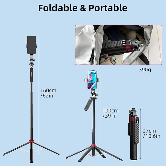 WOVTE 71" Selfie Stick with 2 Lights, Extendable Stand for iPhone, Selfie Stick with Remote, Portable Phone Tripod for Cell Phone Compatible with iPhone/Android, Camera & GoPro