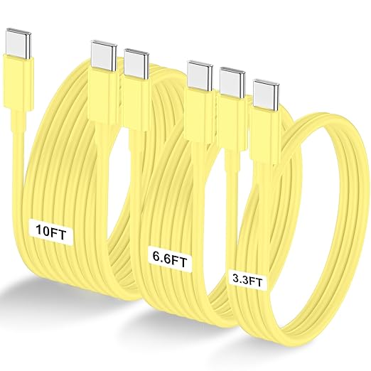 3-Pack Yellow [3.3FT+6.6FT+10FT] 60W USB C to USB C Cable, Type C Fast Charging Cable for iPhone 16 15 Pro Plus Pro Max，for Galaxy S24 S23, for iPad Pro/Air, for MacBook Pro/Air and More