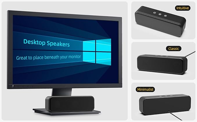 Computer Speakers for Desktop PC Laptop, Wired, USB Plug-in, External Speakers for Monitor, Small Computer Sound bar for PC, Loud Speaker with Deep Bass, Touch Control, Built-in USB-C to USB Adapter