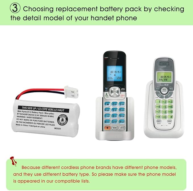 iMah BT162342/BT262342 2.4V 300mAh Ni-MH Cordless Phone Battery Pack, Also Compatible with BT183342/BT283342 AT&T EL52351 TL90070 VTech CS5119 DS6511 DS6722 LS6305 Handset, 6-Pack