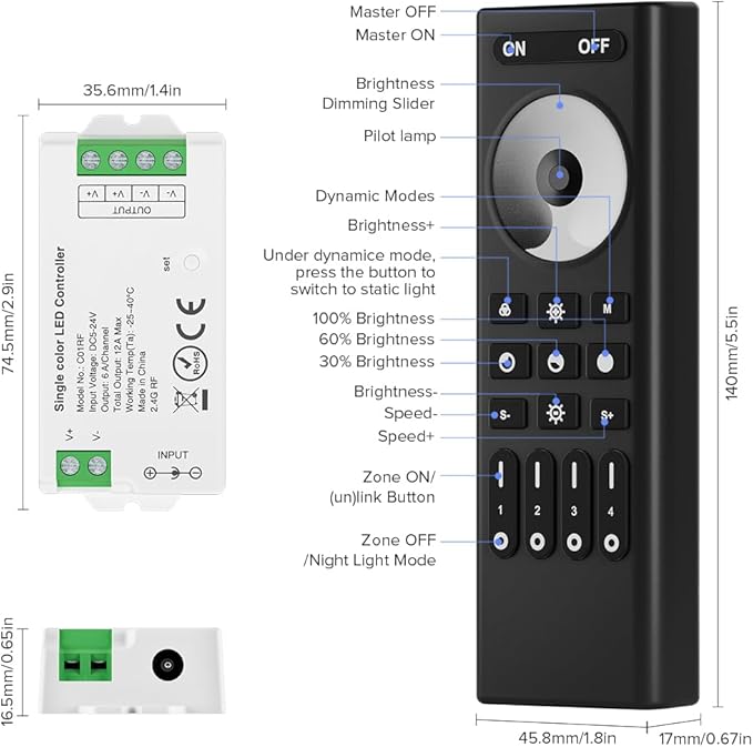 BTF-LIGHTING 5050SMD FCOB COB Dimming RF 2.4GHz Wireless Remote RC01RFB &4PCS C01RF Tuya Controller Kit 4 Zones Group Control PWM Single Color (+V -V) 2pin LED Neon Rope Light DC5V DC12V DC24V