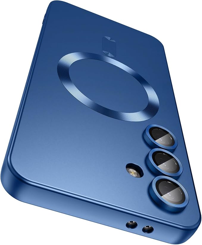 Magnetic for Samsung Galaxy S24 Plus Case [Compatible with MagSafe][Built-in Camera Lens Protector] Slim Soft Silicone Bumper Shockproof Metallic Luster Phone Case (Blue)
