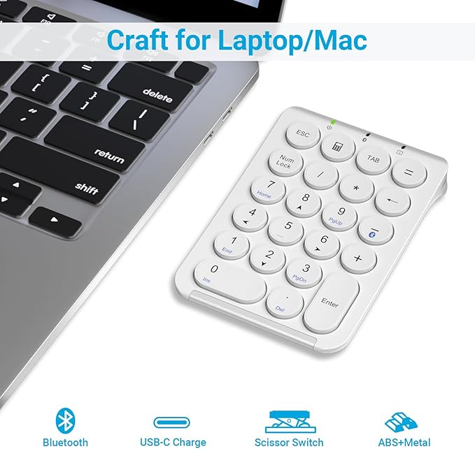 iClever Number Pad, KP08 Bluetooth Number Pad, Ultra Slim and Lightweight, USB-C Charge, Number Pad for Laptop, iPad, Mac, iMac, Tablet, PC Desktop