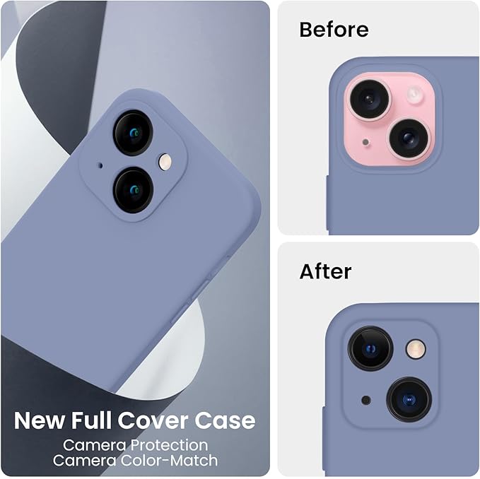 FireNova Designed for iPhone 15 Case, Silicone Upgraded [Camera Protection] Phone Case with [2 Screen Protectors], Soft Anti-Scratch Microfiber Lining Inside, 6.1 inch, Lavender Gray