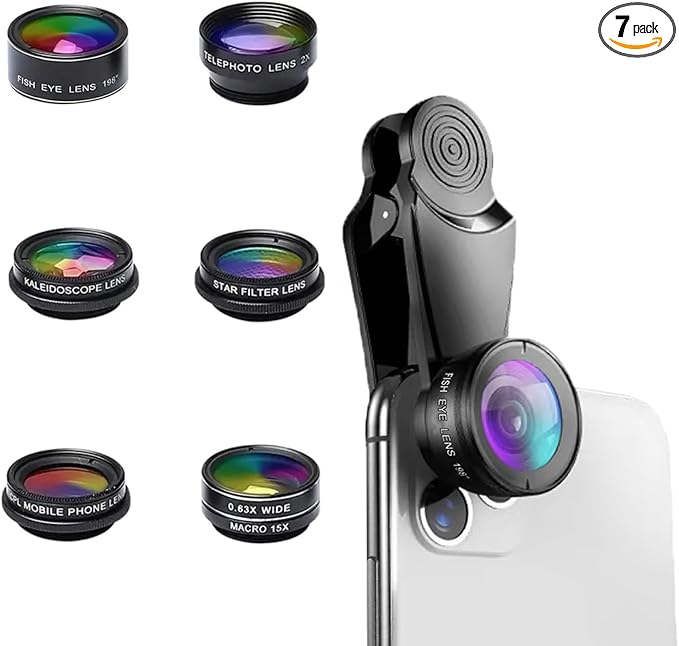 Universal 7-in-1 Mobile Phone Camera Lens Kit, Funny Cell Phone Lens for iPhone, for Samsung, for Android Smartphone, Universal Clip on Wide Angle+Macro+ Fish Eye Camera Lenses attachments Accessory