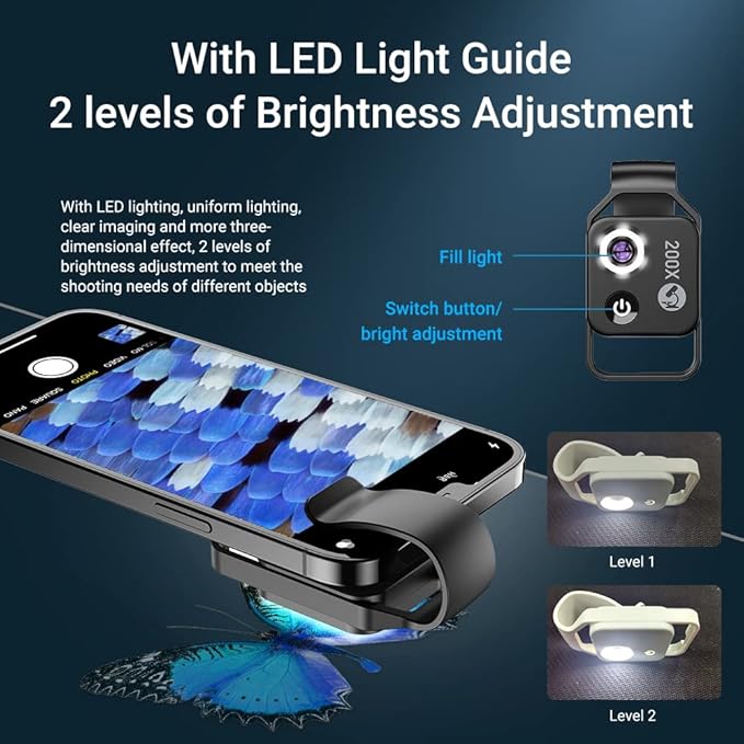 200X Magnification Microscope Lens withCPL Mobile LED Light Micro Pocket Macro Lenses for iPhone Samsung All Smartphones (Black Without CPL)