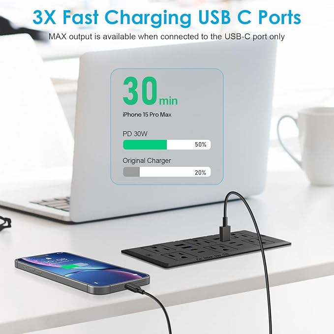 30W Recessed Power Strip USB C, Desk Flush Mount Outlet Plug in 6 AC & 8 USB Ports for Furniture Conference Power Hub, 6FT
