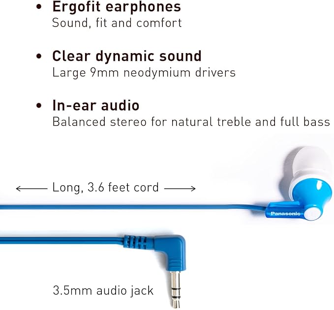 Panasonic ErgoFit Wired Earbuds, In-Ear Headphones with Dynamic Crystal-Clear Sound and Ergonomic Custom-Fit Earpieces (S/M/L), 3.5mm Jack for Phones and Laptops, No Mic - RP-HJE120-A (Blue)