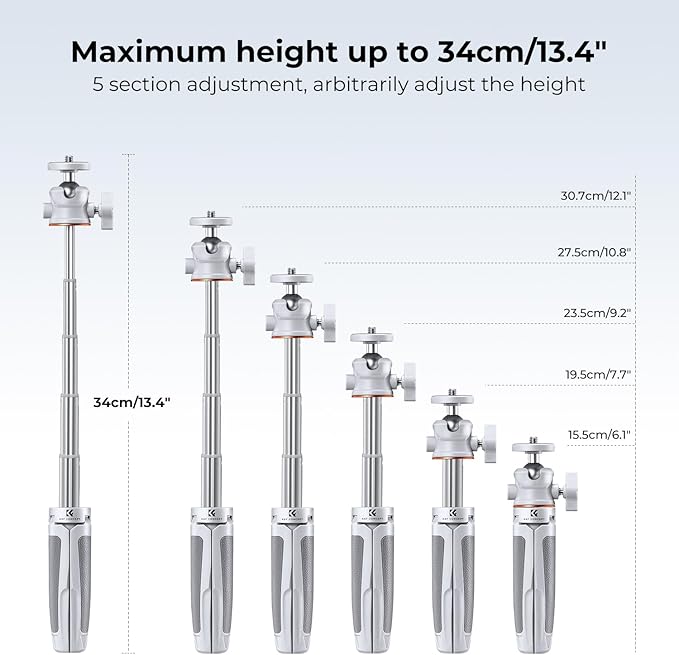 K&F Concept Selfie Stick Tripod, 360 Degree Rotation Mini Phone Stand with Ball Head and Cold Shoe Mount, Cellphone Holder with Wireless Remote for Smartphone White