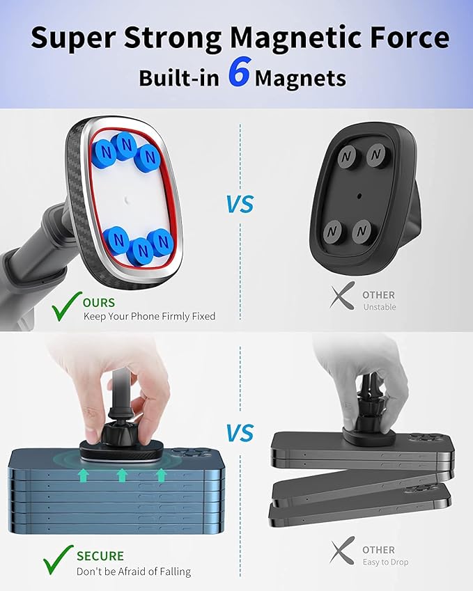 APPS2Car Magnetic Phone Mount, Dashboard Windshield Suction Cup Car Phone Holder Phone Mount with 6 Strong Magnets, Adjustable Telescopic Arm, Compatible with iPhone/Pro/Max/All Smart Phones