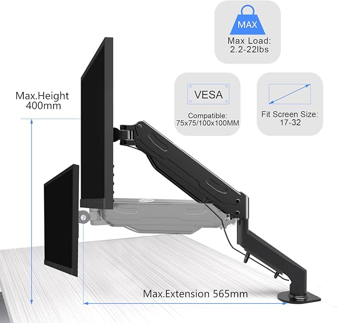 Gas Spring Monitor Arm 32 Inch,Adjustable Single Monitor Desk Mount with Swivel/Tilt/Rotation,Computer Monitors Stand Holder with Clamp/Grommet Mounting Base, VESA Mount Bracket