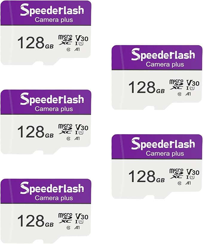 Micro SDXC Memory Card 128GB 5 Pack, Speederlash Camera Plus TF Card with Adapter, Up to 90MB/s Read Speed, 4K UHD&5K Video Support, U1, V30, A1 Rated, Waterproof, for Security Camera, Dashcam