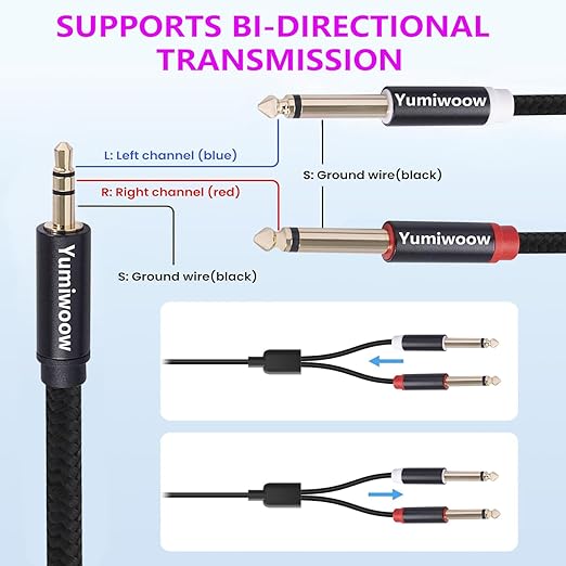 3.5mm to Dual 1/4 Adapter 1/8 to 6.35mm TS Mono Audio Cable Stereo Breakout Cord Y Splitter Compatible with iPhone, iPod, Computer Sound Card, Headphone, Speaker, Home Stereo System (6.6FT/Pack)