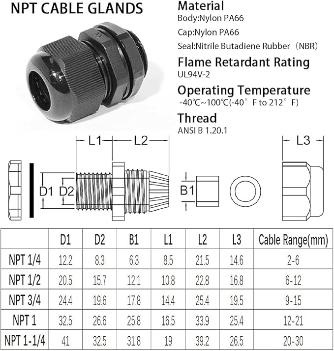 PENGLIN Cable Glands 1-1/4" NPT Nylon Cable Connector, Strain Relief Cord Connector, IP68 Waterproof Adjustable Locknut (1-1/4 Inch (5-Pack))