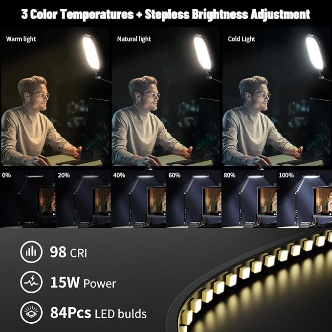Desk Zoom Meeting Light for Video Conference, Computer Lights with Clamp for Video Call, Eye-Caring Side-Emitting Tech with Adj. Brightness, Color Temp, Memory & Timing Func