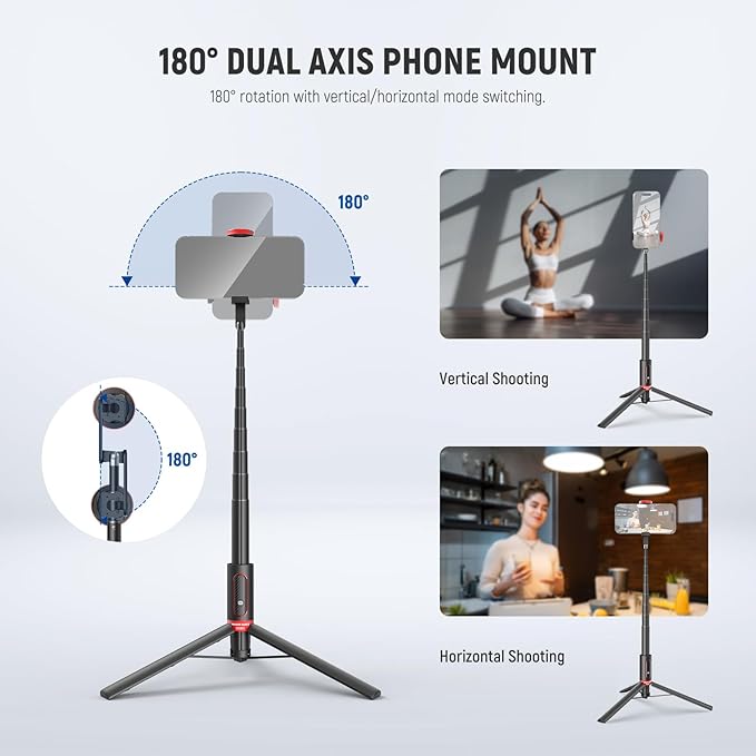 NEEWER Basics PA991 Selfie Stick Tripod Compatible with iPhone Samsung Android, 57.9 Inch Metal Portable Lightweight Travel Mobile Phone Stand with Holder & Remote Control for Video Recording