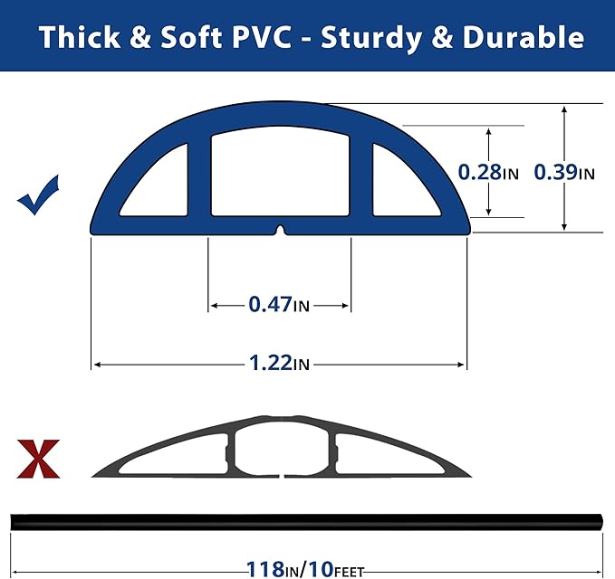 Floor Cord Cover 10ft, Cord Hider Floor Black, Floor Cable Management Prevent Cable Trips, Floor Cable Cover Wire Covers for Electric Power Cords, Cord Protector Cord Cavity W0.47in x H0.28in